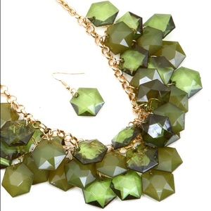 Green Hexagon Layered Necklace Set
